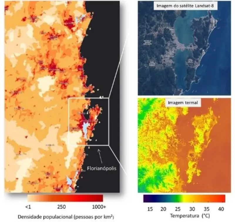 Imagens de satélite mostram que as cidades são mais quentes que o campo, formando as “ilhas de calor”