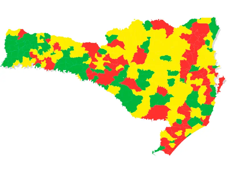 Matriz de alerta epidemiológico da Covid mostra 70 municípios de SC no amarelo, incluindo Florianópolis