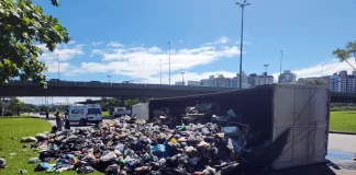 Caminhão de lixo tomba e interdita Avenida Gustavo Richard