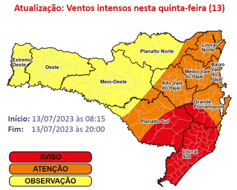 Principais áreas de vendaval em Santa catarina nesta quinta-feira