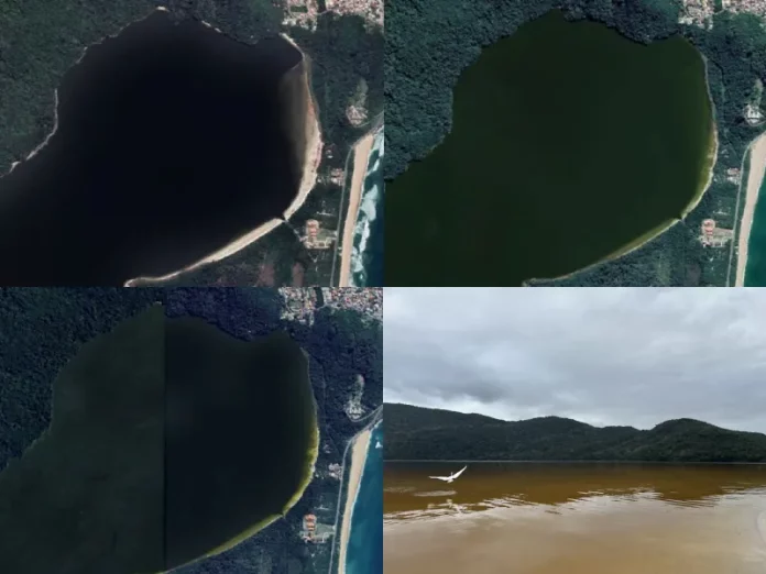 Imagens de satélite mostram mudança na coloração da lagoa de peri