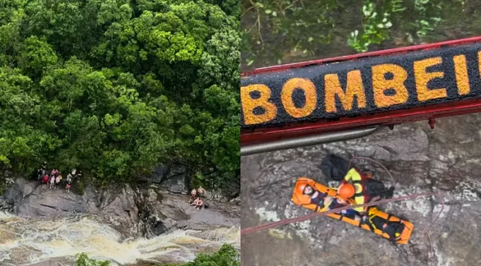 Casal precisou ser resgatado de helicóptero; vítima deve diversas fraturas ao cair no rio