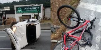 Carro capotou e atingiu ciclista de 49 anos